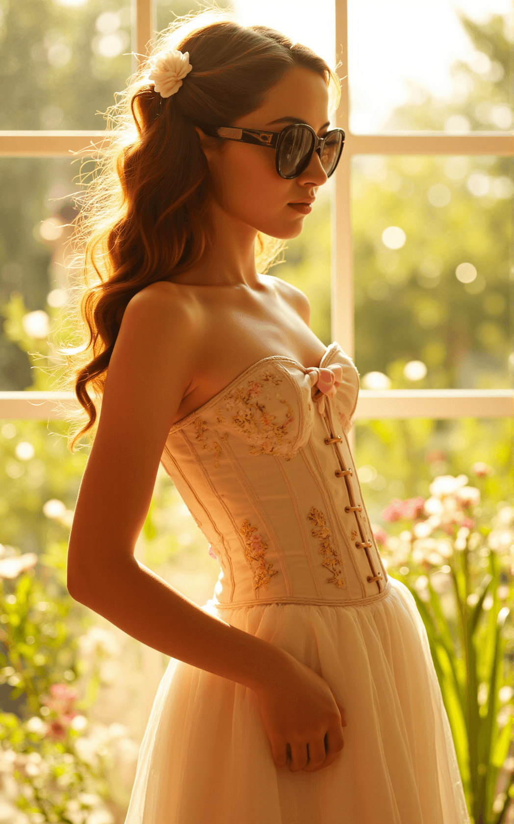 AI generated: A young female, exuding timeless elegance, stands gracefully before a sunlit window, her presence il...