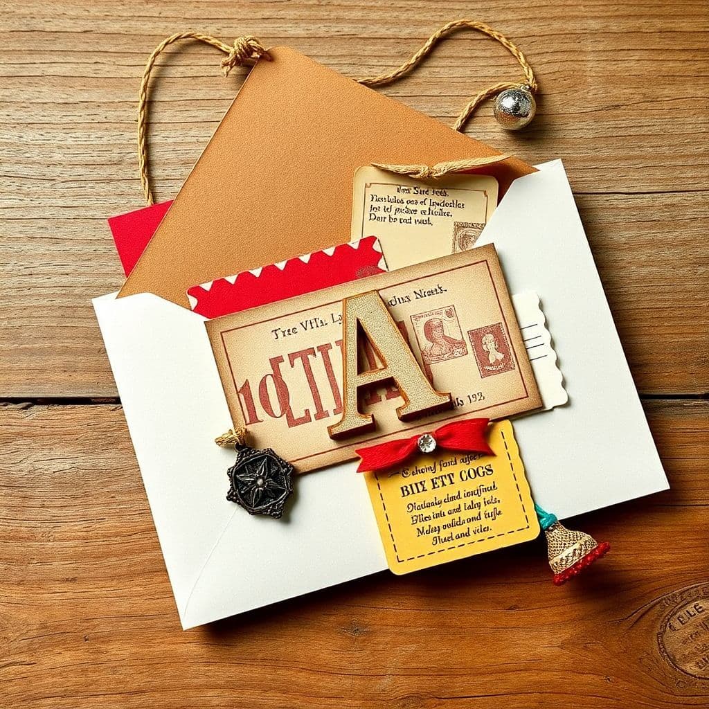 AI generated: [This image, seen right and front, shows a layered handmade card collage resting on a textured wood ...