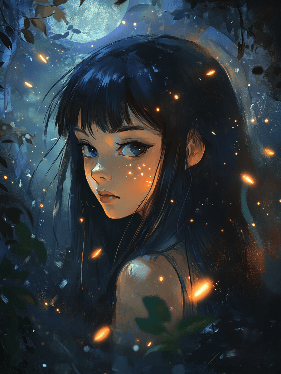 AI generated: Graphic illustration of an a girl with long black hair and sweet, soft bangs, facing forward. Firefl...