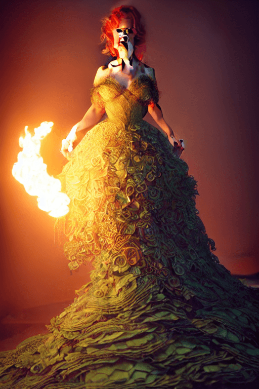 AI generated: portrait of beautiful lady set in fire, morfydd clark, cinematic lighting, photorealistic, dress mad...