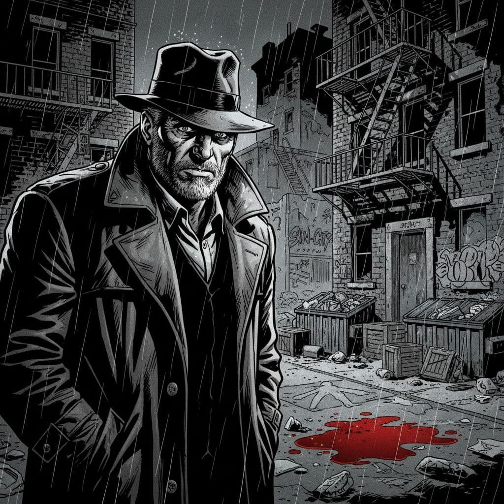 AI generated: a dramatic concept of a grizzled detective looking at a mysterious crime scene in a gritty alley, co...