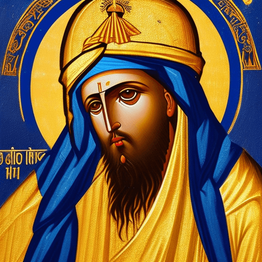 AI generated: Blue and gold orthodox icon of a Kurdish male Virgin Mary with a turban. Celestial and heavenly