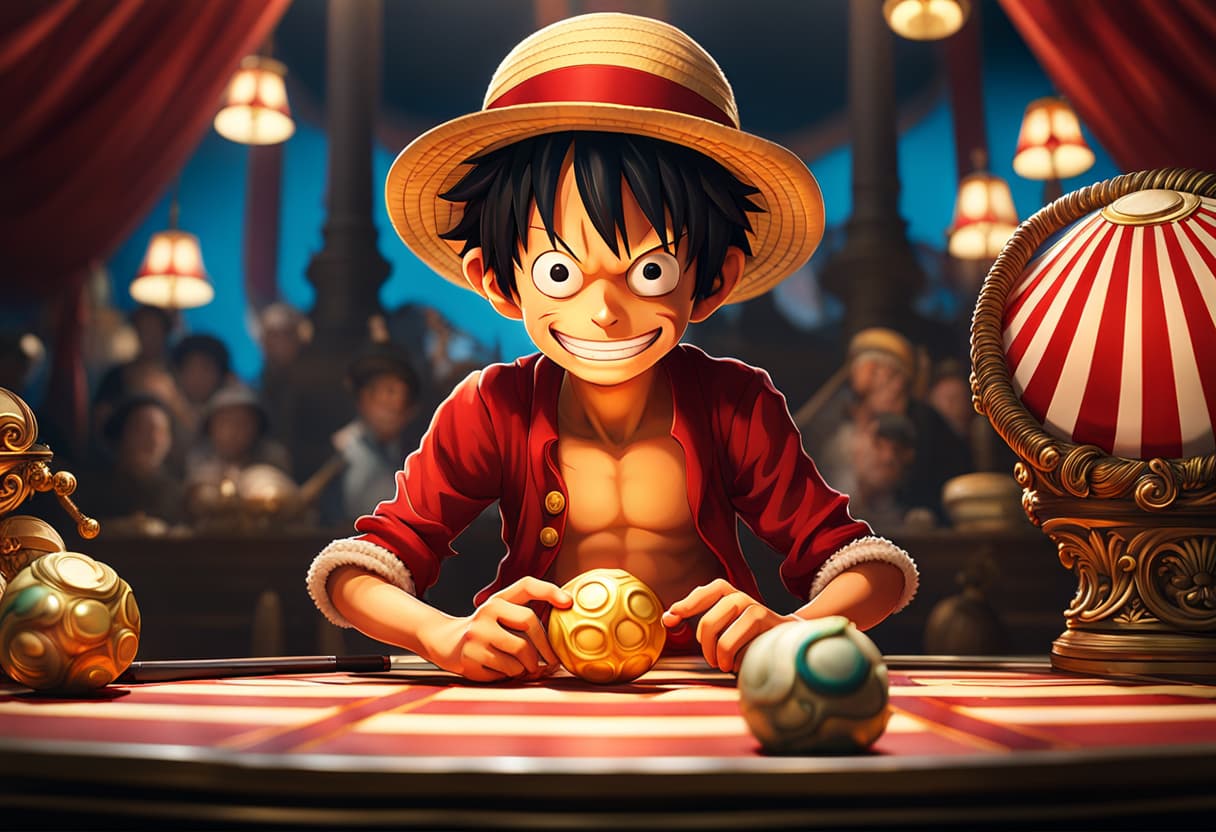 AI generated: Flat illustration, 3d, close up, Monkey D. Luffy, iconic character form one piece anime, playing a s...
