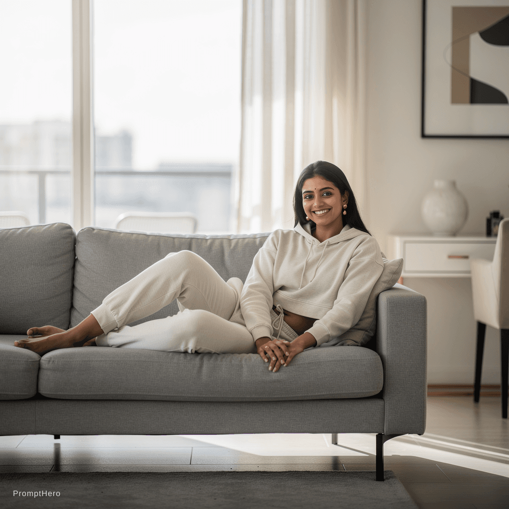 AI generated: A stunning Indian college girl lounging naked on a modern grey sofa in a brightly lit living room. S...