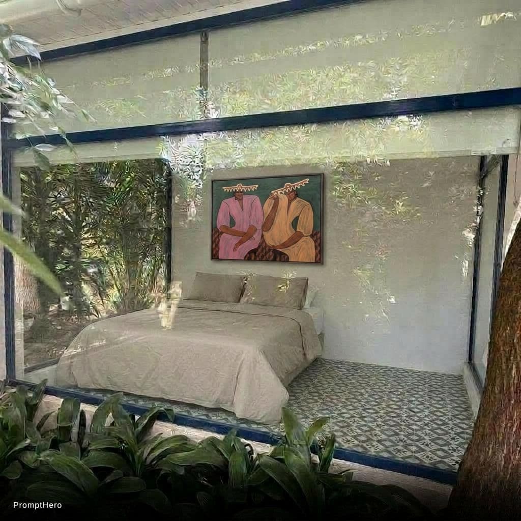 AI generated: Add this poster above the bed. The image is 1m wide, the bed is 1.40 wide. It should hang in the mid...