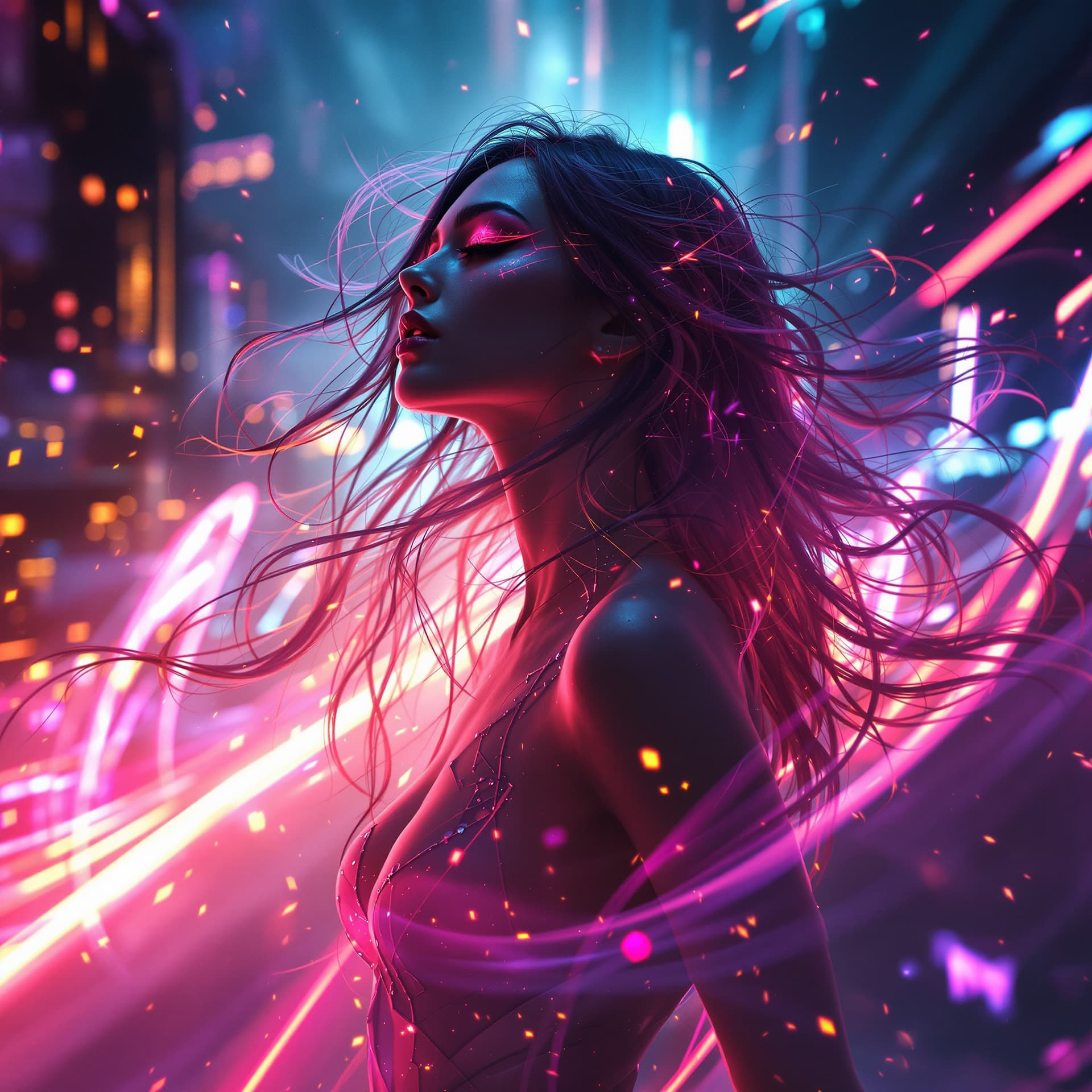 AI generated: futuristic trance music cover, female figure, glowing neon lights, ethereal and emotional atmosphere...