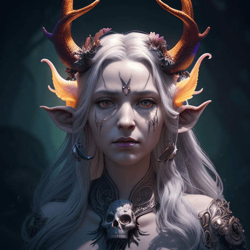 AI generated: Goddess close-up portrait ribcagel. Tiefling phoenix head, antlers, gunslinger, nautilus, orchid, sk...