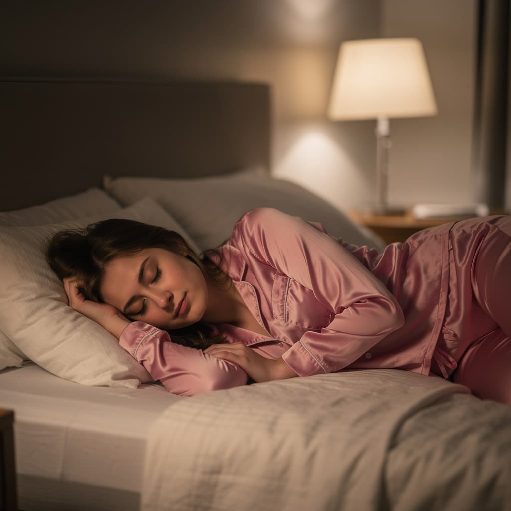 AI generated: Sleeping girl, 22 years old, realistic, she is wearing long pants, she is wearing pink pajama, brown...