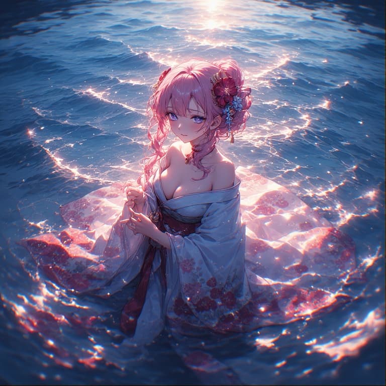 AI generated: anime art of Mitsuri Kanroji, covered nipples, chromatic aberration, glow, perfect face, perfect bod...