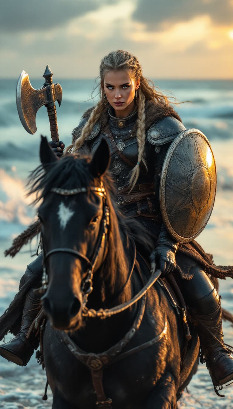 AI generated: A powerful Viking warrior woman with braided blonde hair, wearing intricately detailed and hot leath...