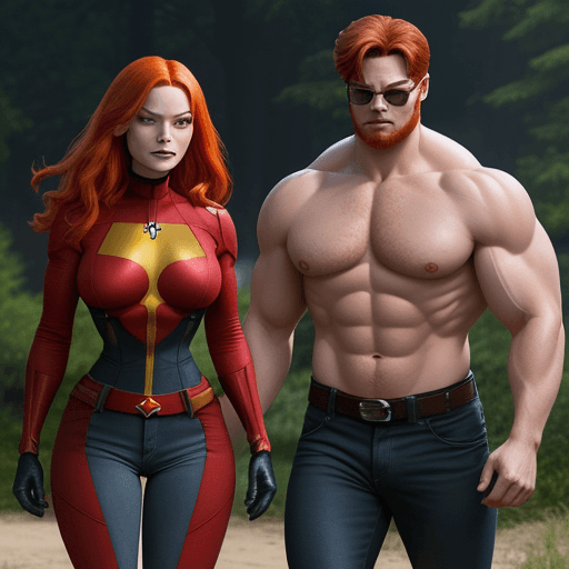 AI generated: Jean Grey and Cyclops in hot weather, their torn clothes showing parts of their bodies. She's a redh...