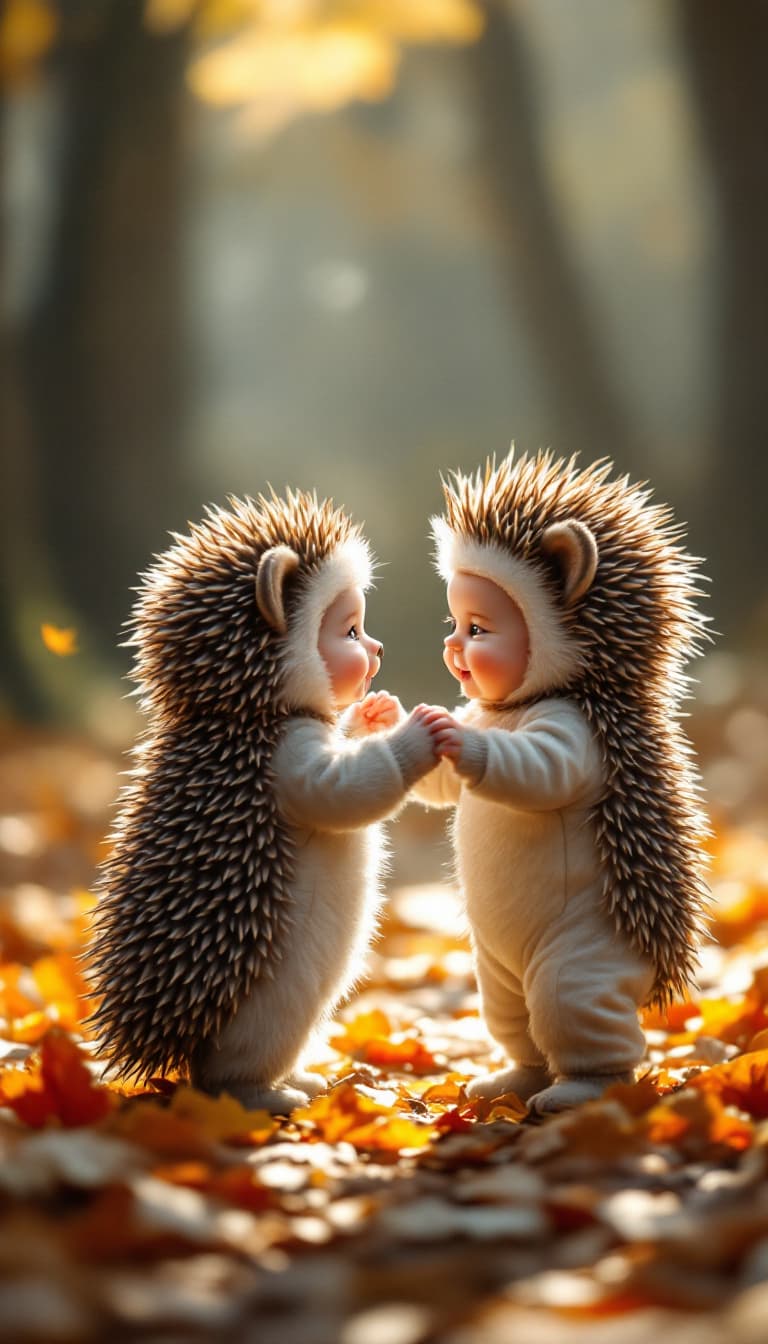 AI generated: A hyper-realistic image of a baby and a baby hedgehog, both the same size; the baby is dressed in a ...