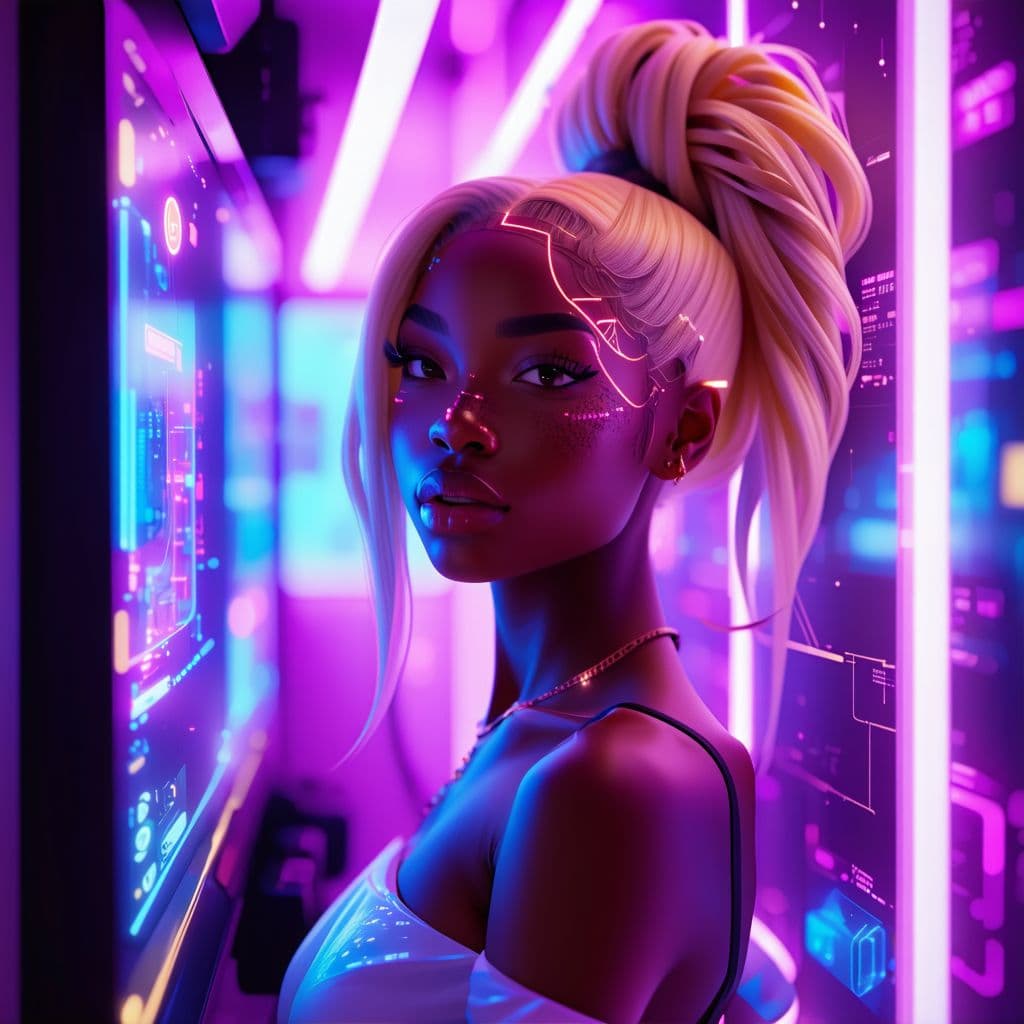 AI generated: Woman with brown skin , blonde hair and curvy, futuristic, neon purple lights, hourglass body, detai...