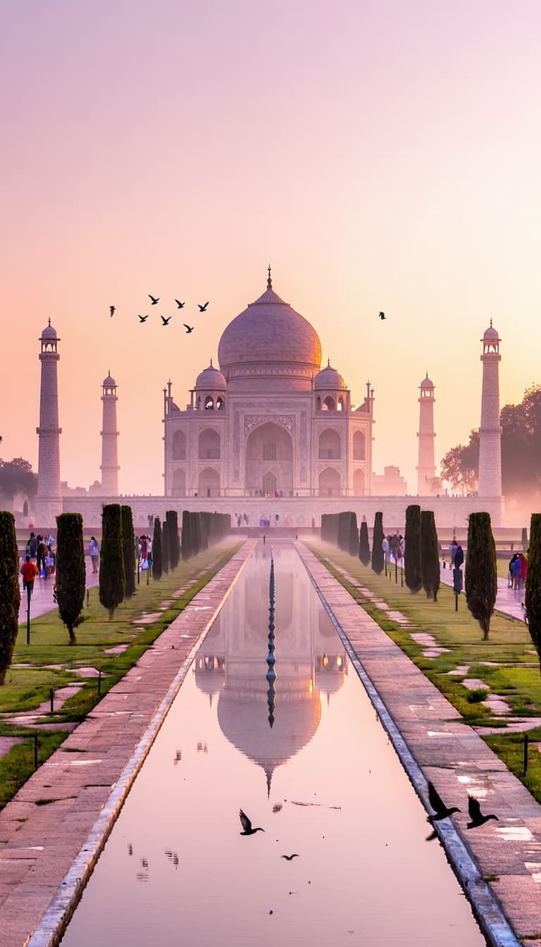 AI generated: A breathtaking sunrise over the Taj Mahal in Agra, India, its white marble glowing in soft golden an...