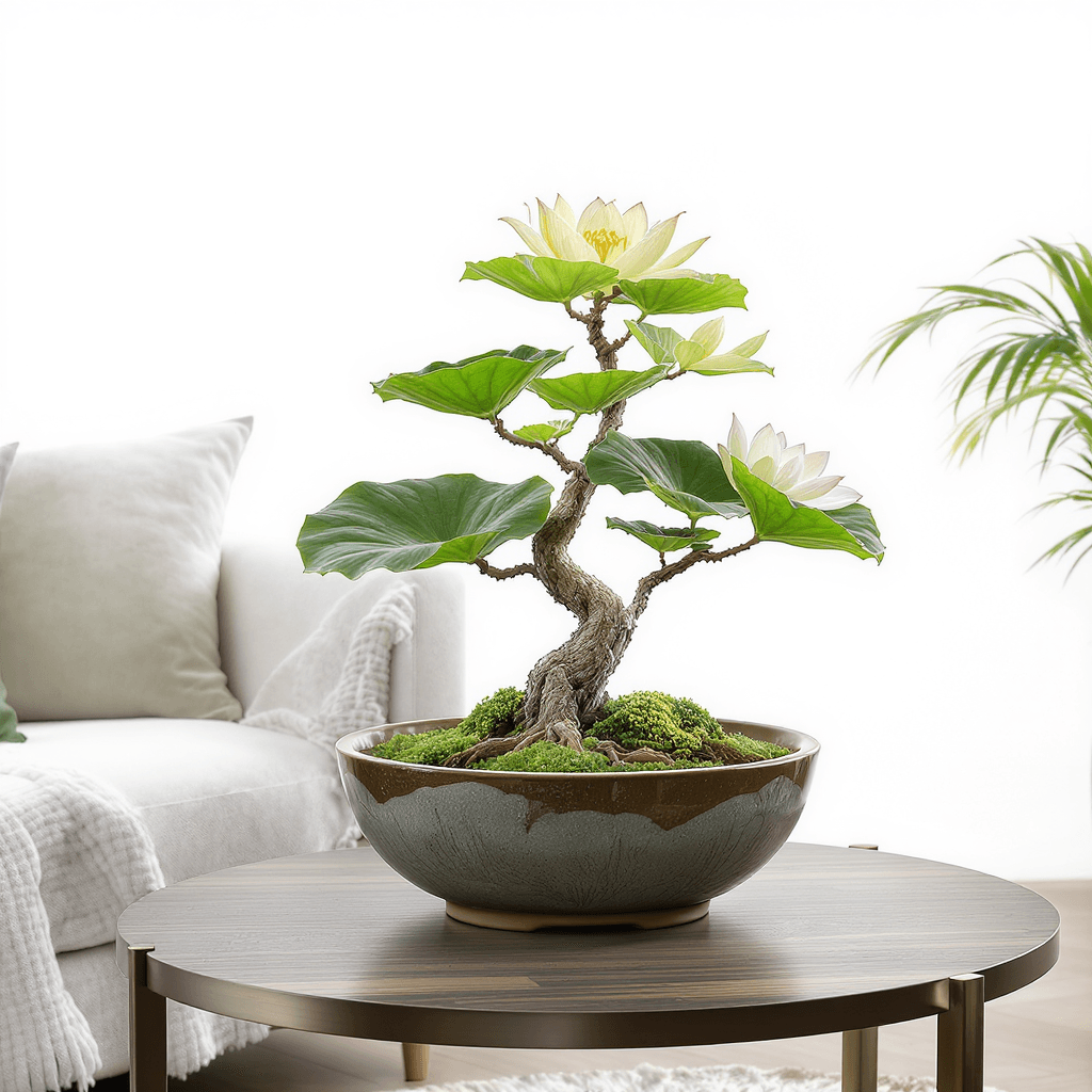 AI generated: Hyper-realistic Bonsai Lotus Bowl with Flowering Aquatic Fresh Lilies sitting on a side table in a m...
