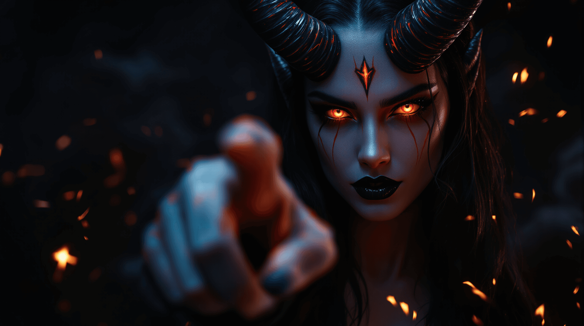 AI generated: A seductive female demon in a dramatic portrait. Her face has sharp features with glowing red eyes a...