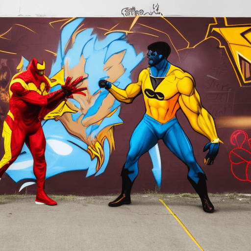 AI generated: a blackman in a red and yellow superhero suit  fighting a white man in a dog superhero suit, in fron...