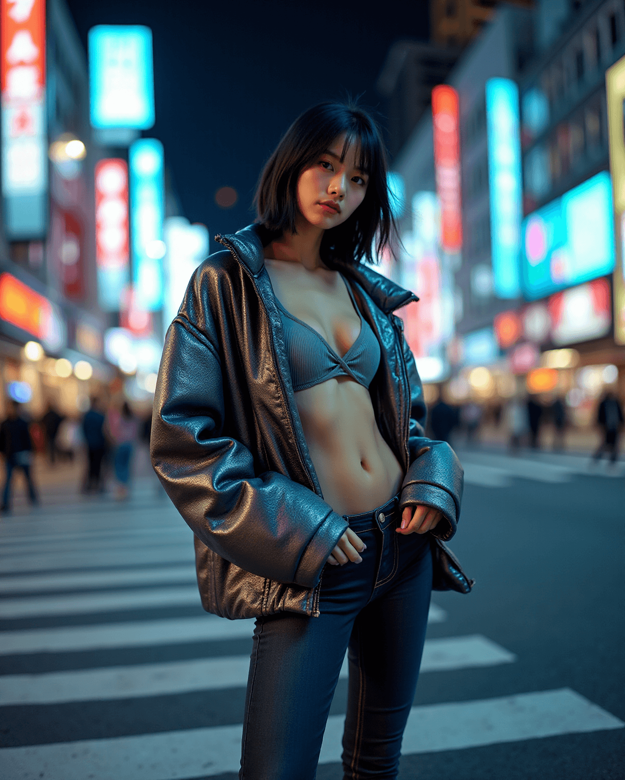 AI generated: Advertising poster style a photo of a slim, small breast, flat chest, abs, young asian female superm...