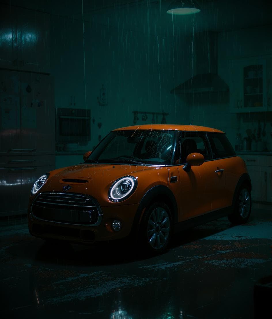 AI generated: photography of a small orange Mini car inside the kitchen, The setting appears to be a dark and eeri...
