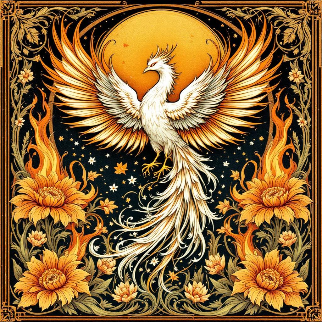 AI generated: An Art Nouveau-style poster of a phoenix rising from floral flames, decorative elegance