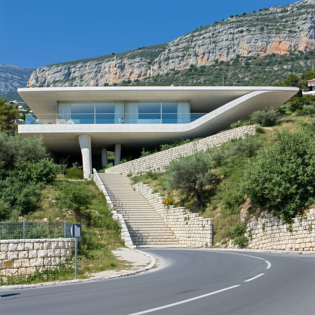 AI generated: A two floor hotel, semi underground, elongated towards the mountain and vertical relatively to the r...