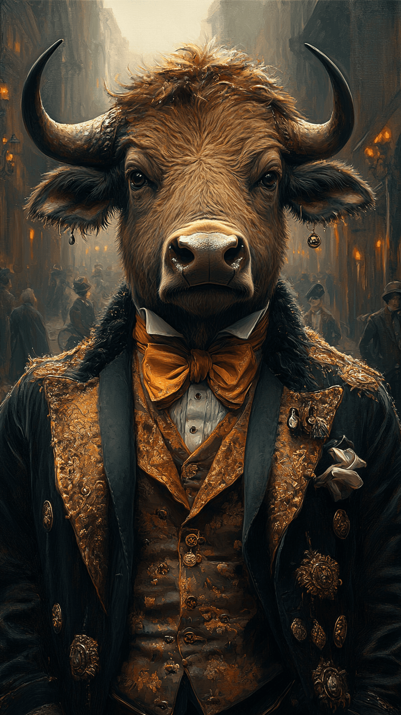 AI generated: best quality, a cute buffalo dressed as a Victorian gentleman, standing in the foggy streets of Vict...