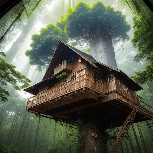 AI generated: A raw photograph capturing a sustainable treehouse community nestled in a dense rainforest. The view...