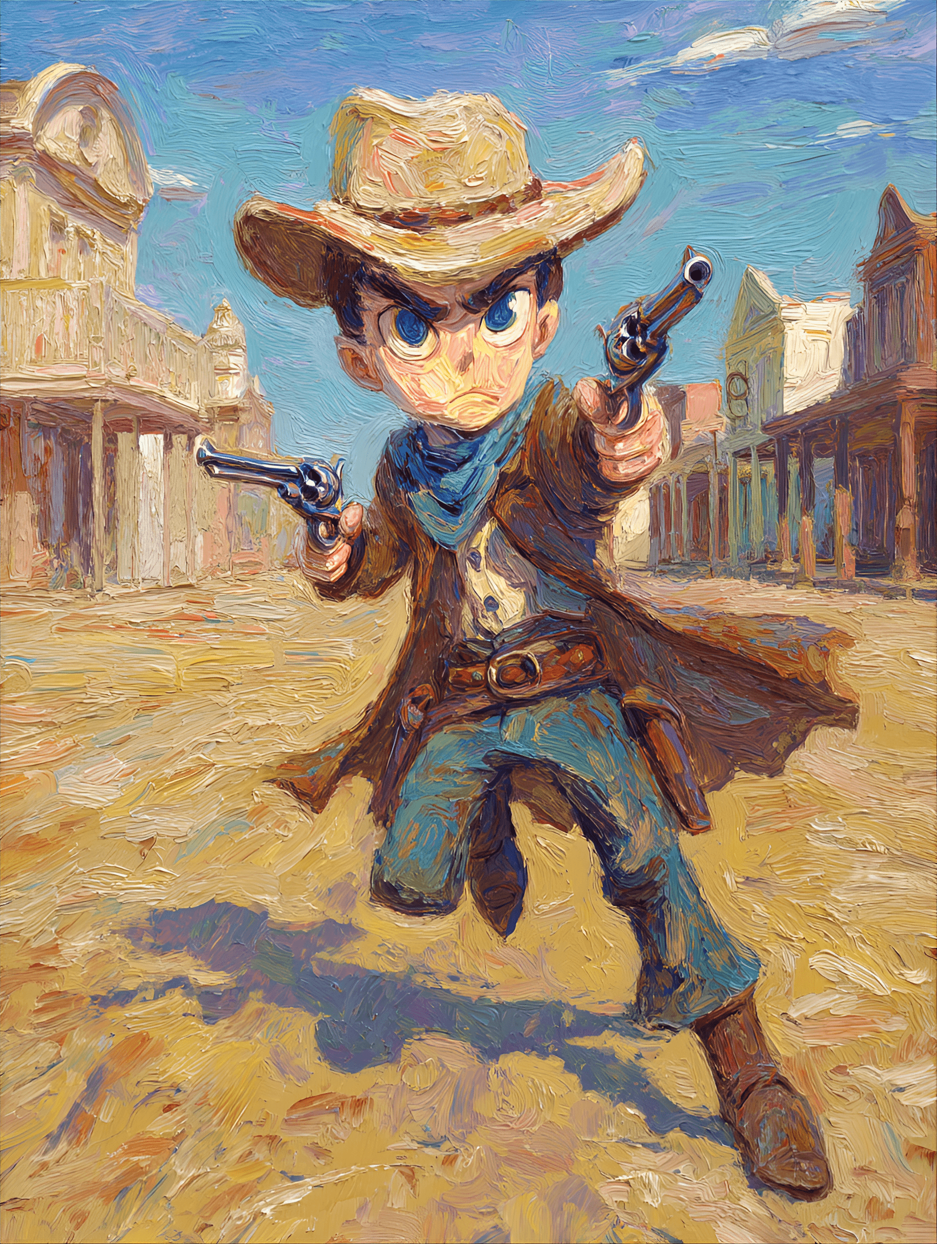 AI generated: expressionist oil painting style, wild west, chibi cowboy in desert showdown, cowboy with hat and gu...