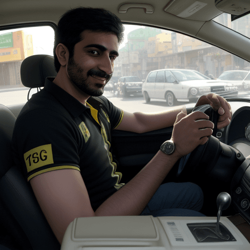 AI generated: A photo of an Iranian driver in an Iranian taxi on a street in Tehran. He is sitting behind the whee...