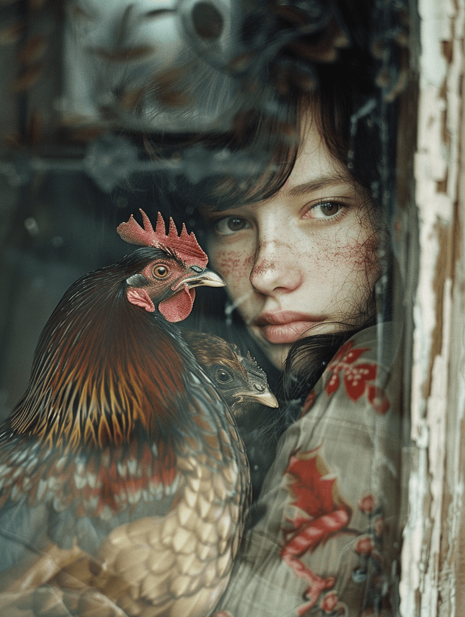 AI generated: photograph of a young woman 20-30 years old with black hair and brown eyes holding a rooster in her ...