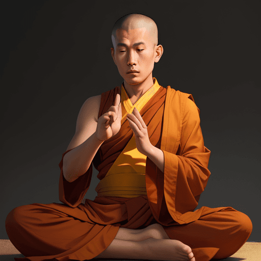 AI generated: Buddhist monk sitting in a state of meditation and pointing with his index finger as if giving advic...