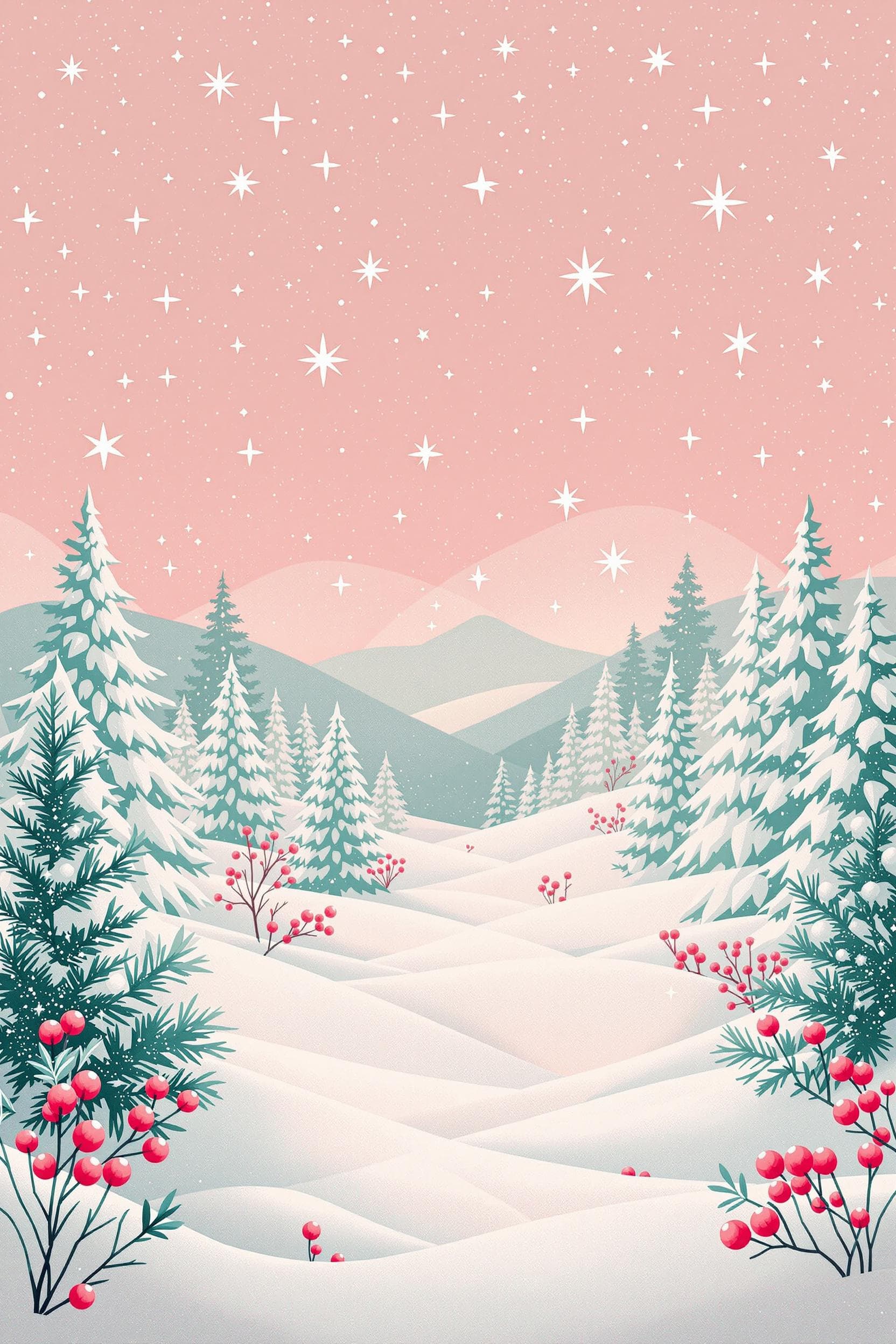 AI generated: dreamy Christmas scenery, minimalist retro poster, color scheme of light pink and light green, pink ...