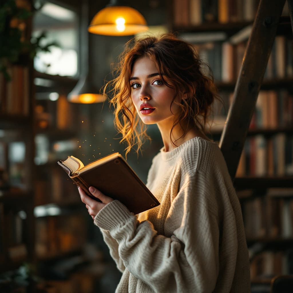AI generated: A 30-year-old woman with tousled auburn hair and warm amber eyes perches on a ladder in a cozy, diml...