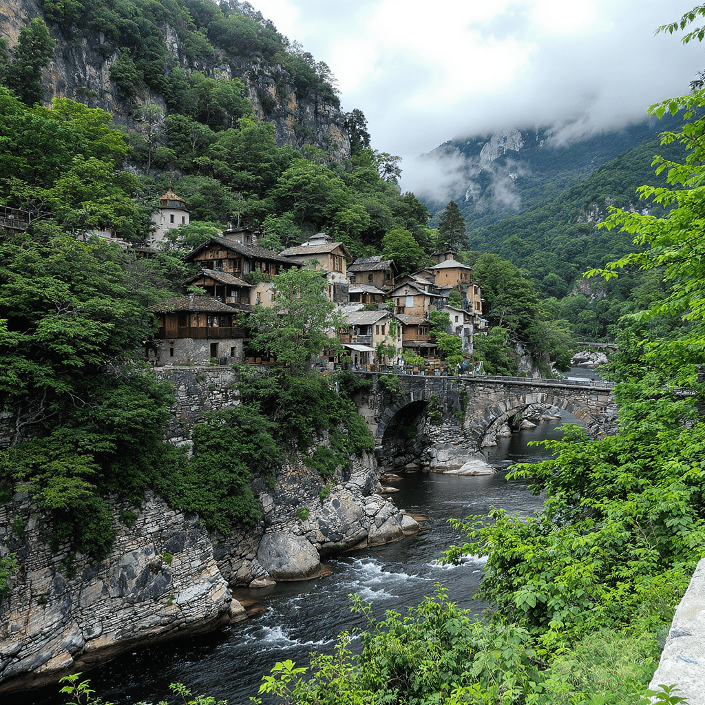 AI generated: Ancient village along side beautiful river and hill, green forest 
