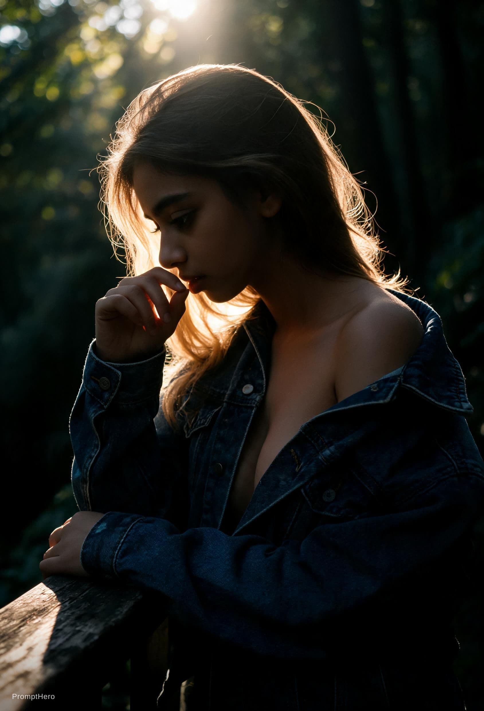AI generated: A cinematic, photorealistic portrait of a woman in a contemplative pose, captured in dramatic chiaro...