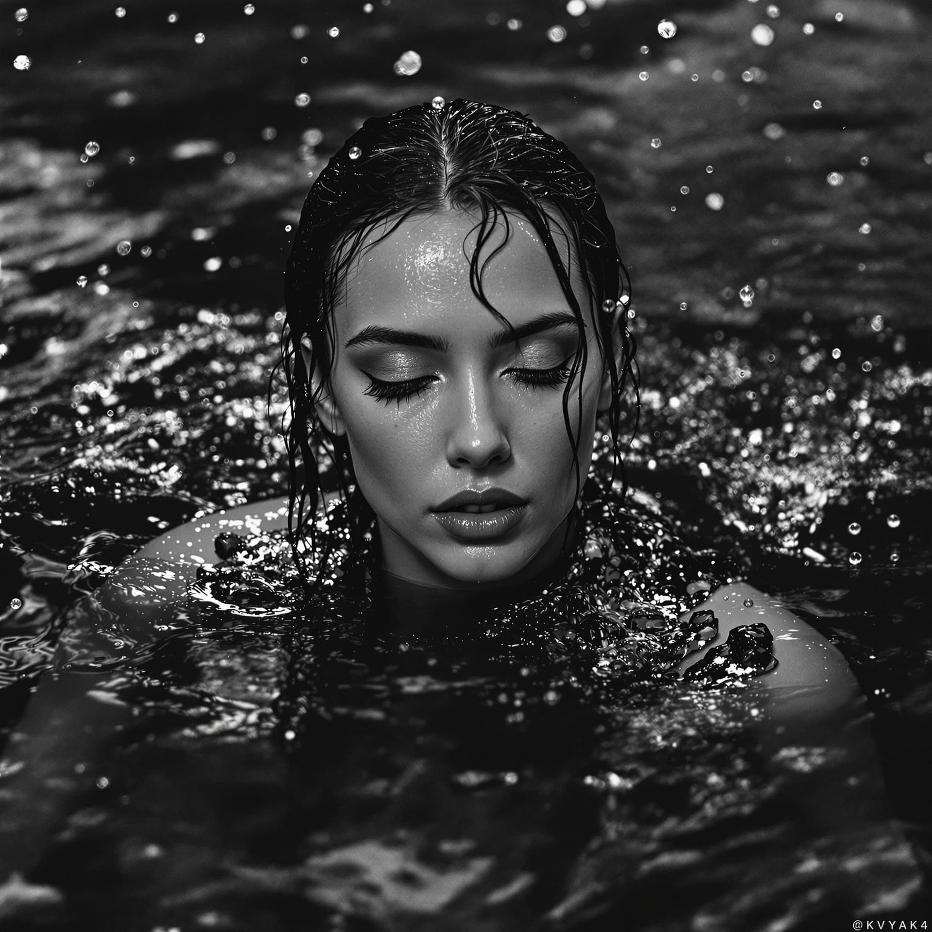 AI generated: a black and white photo of a woman in the water, mert and marcus, drops, kristine froseth, carola ru...