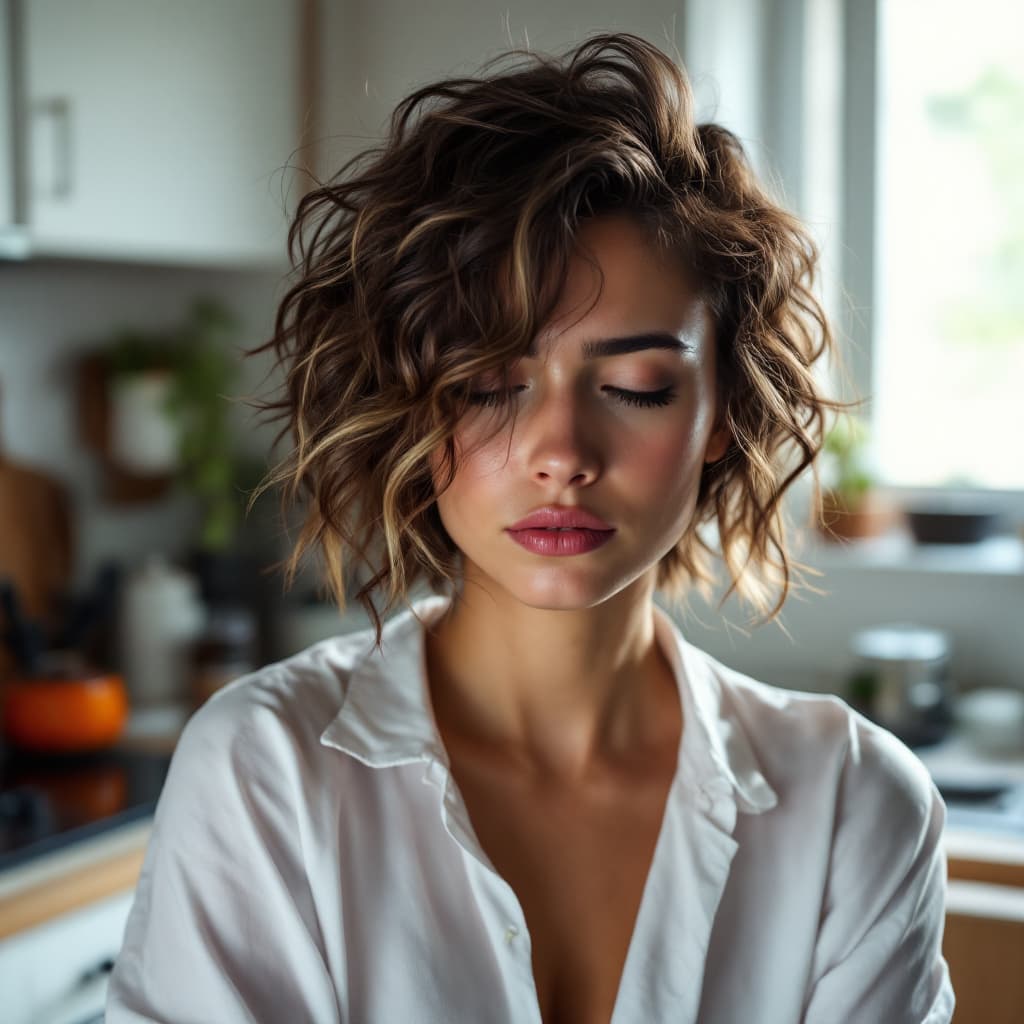 AI generated: 25 year old fit woman, short brunette hair, curly hair with light highlights, hair covering one eye,...
