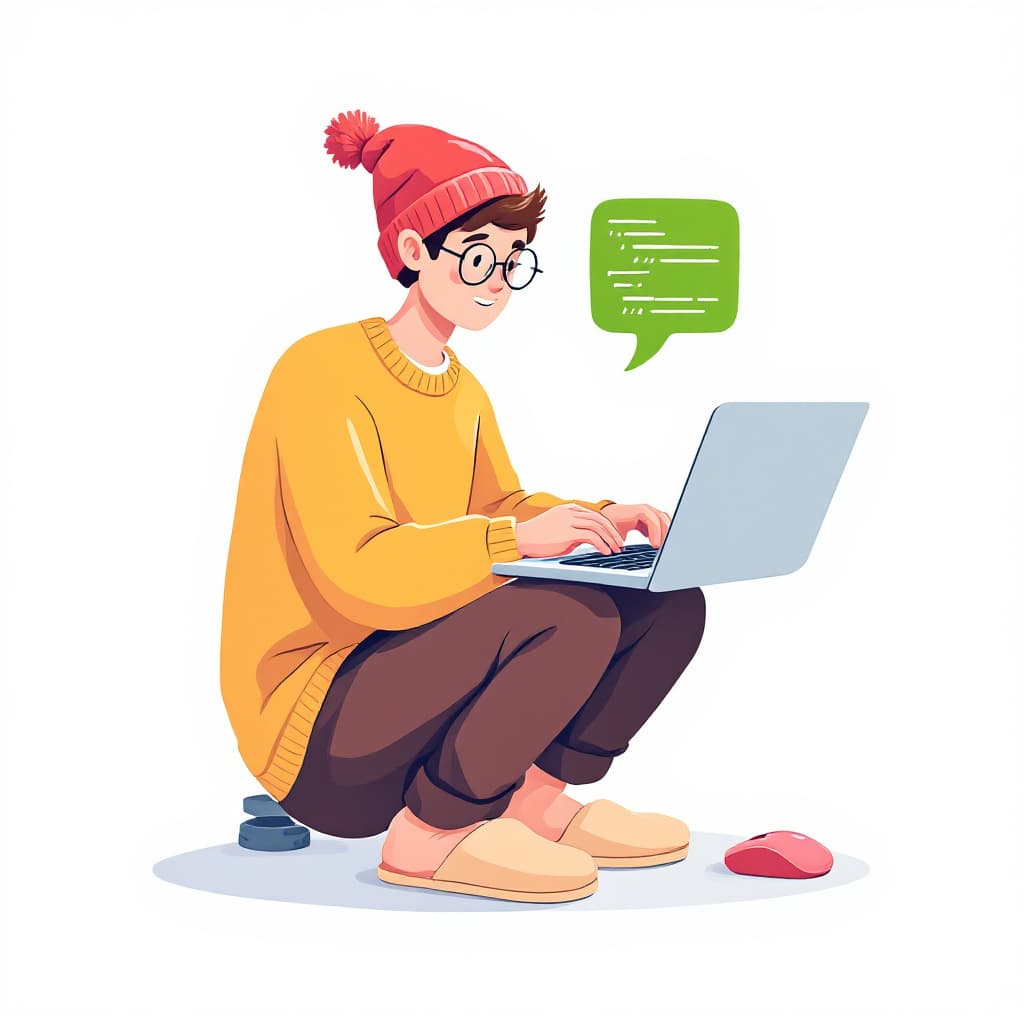 AI generated: A modern, stylized digital illustration of a young programmer sitting in a crouched position, typing...