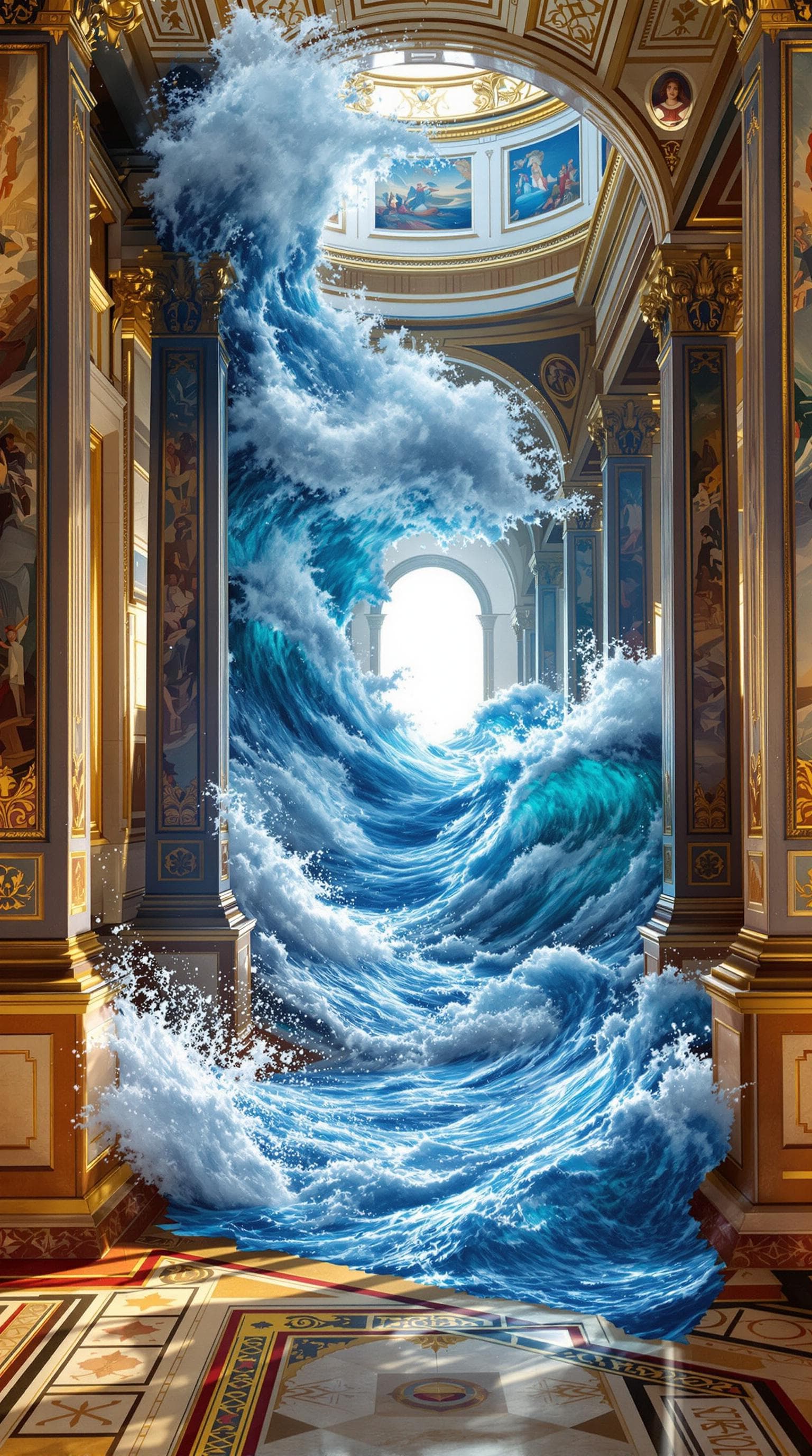 AI generated: Create a hyper-realistic scene of a grand, classical hallway inside an opulent palace. The hallway i...