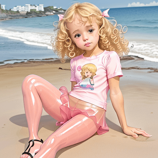 AI generated: at the beach, cute little girl, blonde curly hairs, cute shirt, tight shirt, pink glossy pantyhose, ...