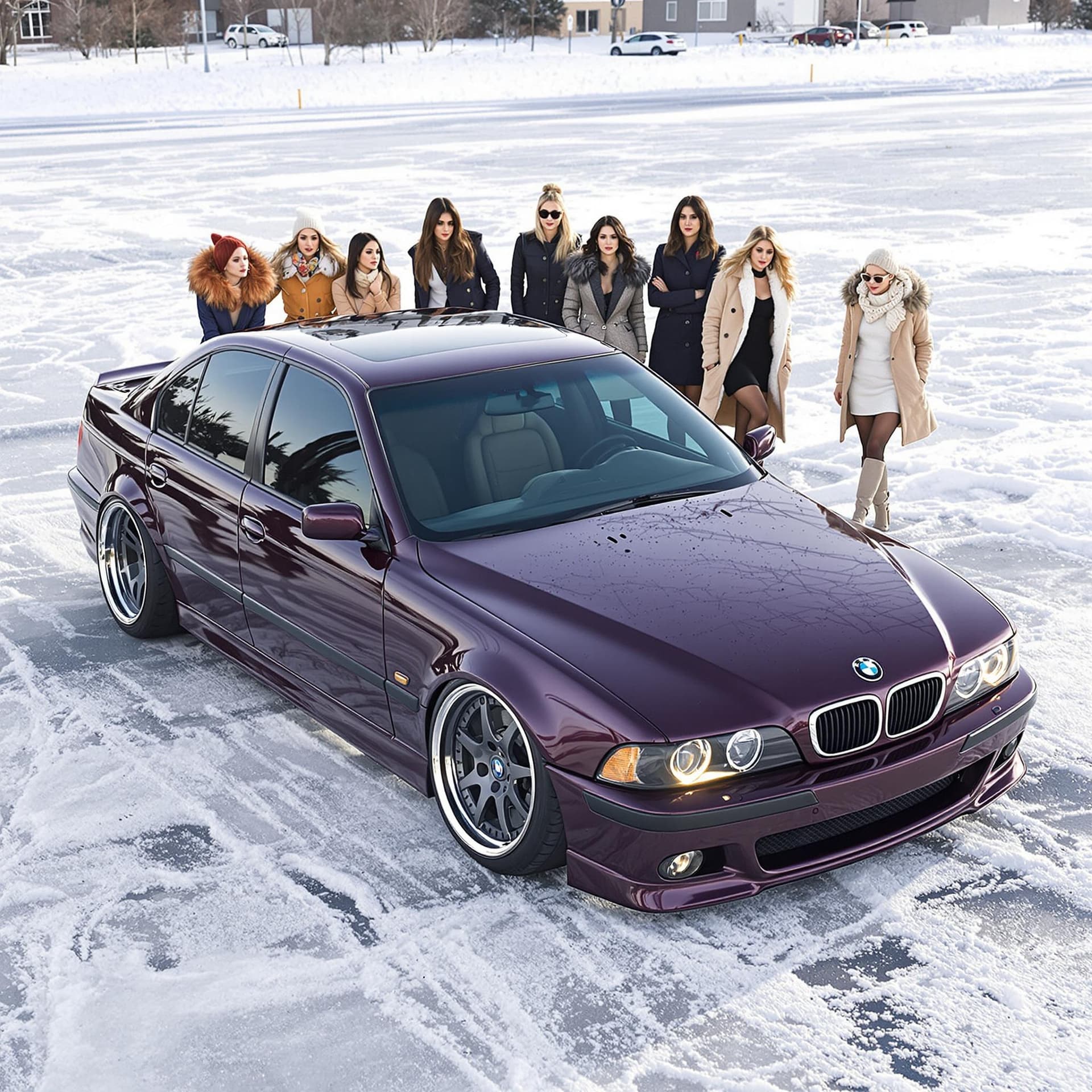 AI generated: A sleek, modified dark red BMW E39 stands proudly in a glistening icy parking lot, surrounded by a g...