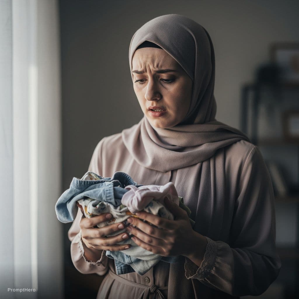 AI generated: A stylish hijab-wearing woman with modest clothing, looking pale and tense, holding children's cloth...