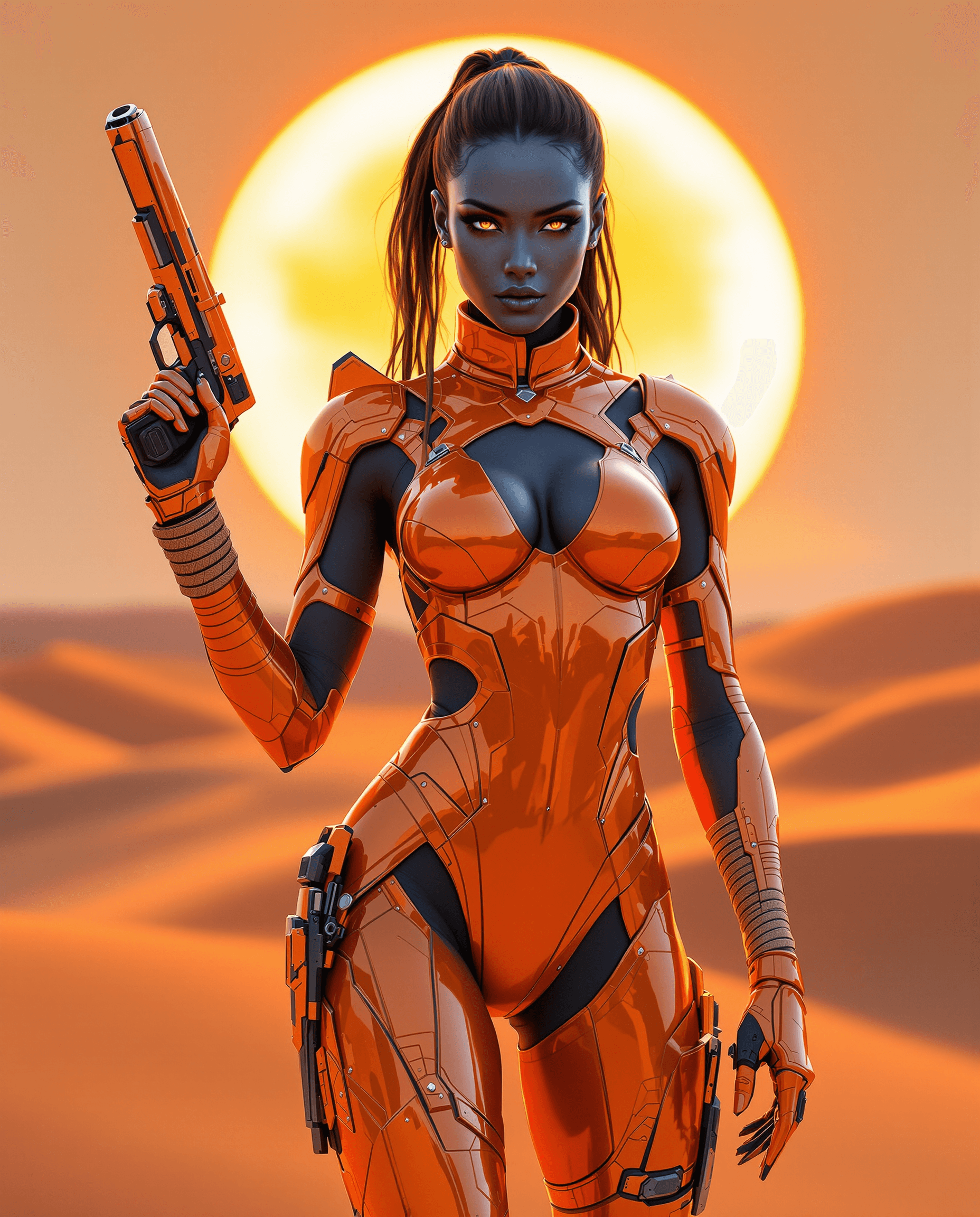 AI generated: A stunning full body (8K) masterpiece of a futuristic depiction of a female warrior, wearing a sleek...