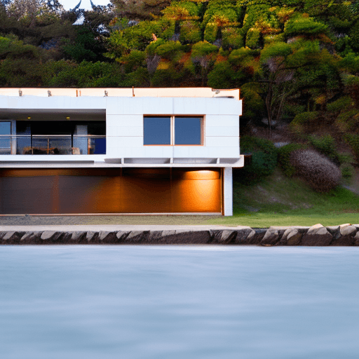 AI generated: Hyper realistic eye level exterior photo of a mid century modern style house overlooking the ocean, ...