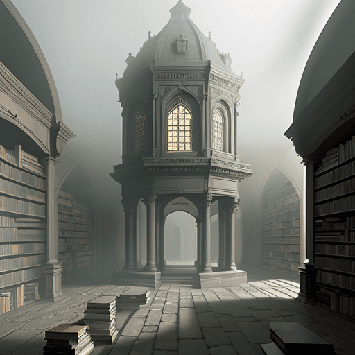AI generated: The counstruction of a large stone library in the mist by magic 