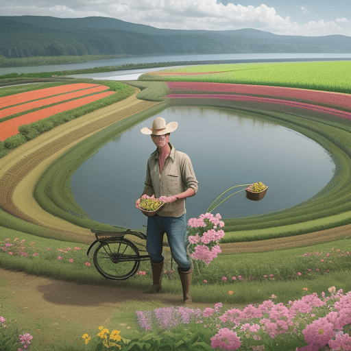 AI generated: best smart farm image, farmer and his beautifule wift, many fruits, and lake, and flowers