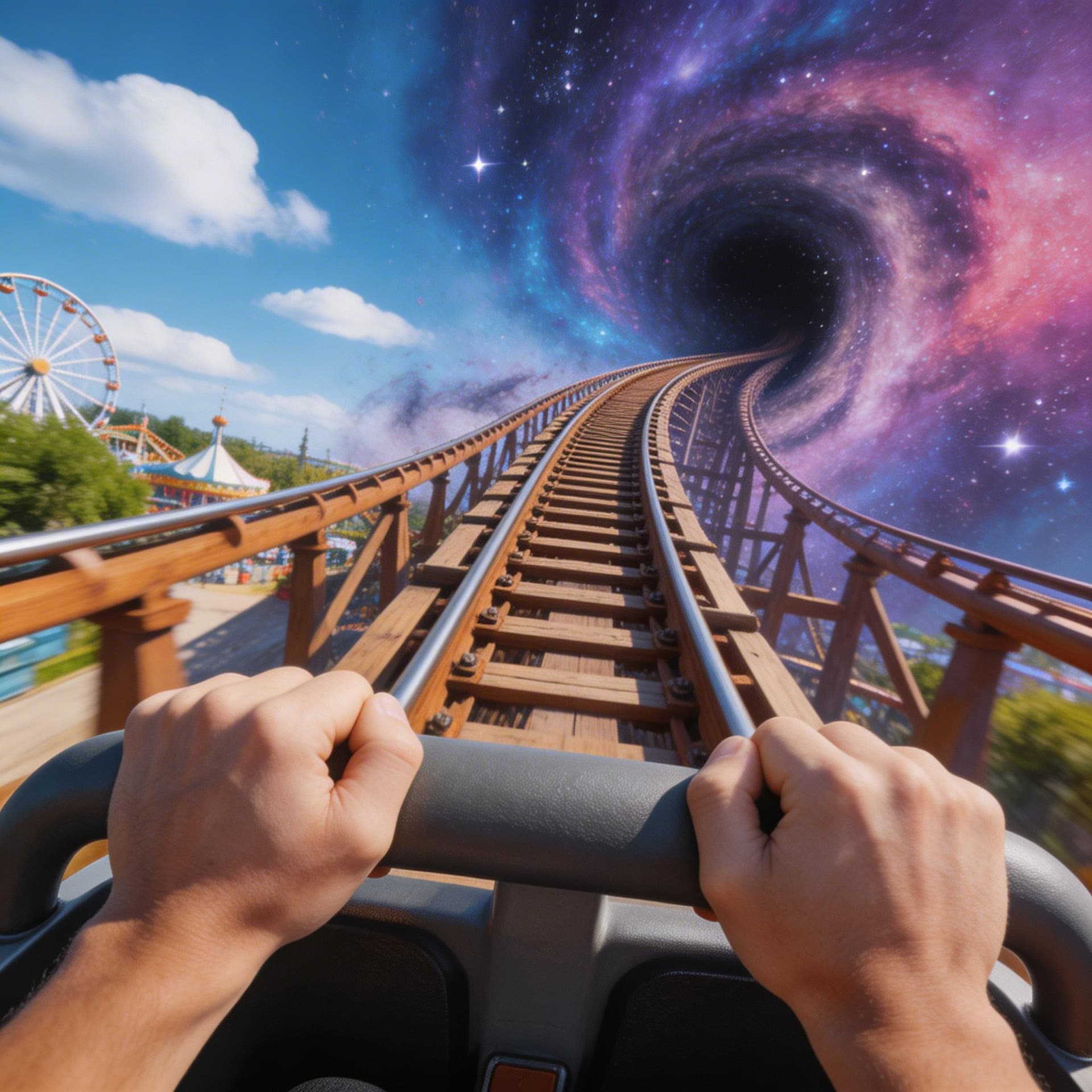 AI generated: Pure first-person (POV) shot from a rollercoaster seat, looking forward down a steep drop. In the ex...