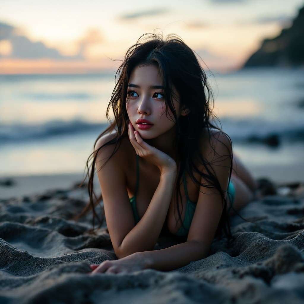 AI generated: Full body photo of Risa, a Japanese girl, wearing a green bikini, Make a solemn expression in the mi...