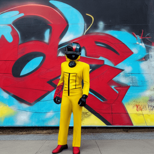 AI generated: a black man in a red and yellow suit, wearing a red power ranger helmet holding spraycans in front o...