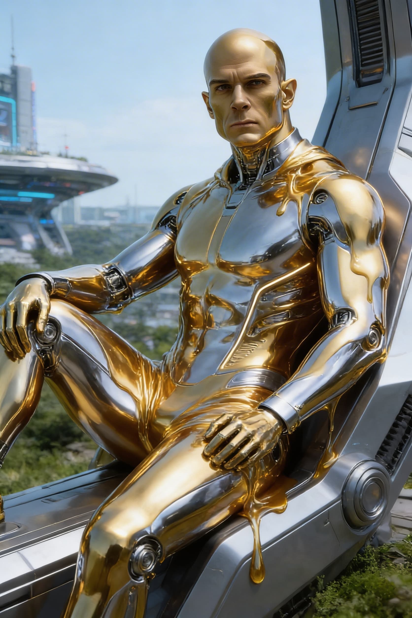 AI generated: Create from the reference image, a solid golden-silver being, powerful, loving. From flesh to sleek ...